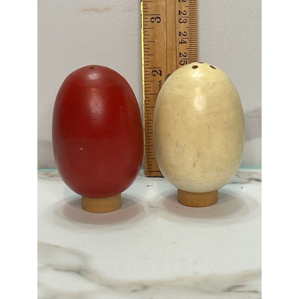 Vintage Wooden Egg Salt and Pepper Shakers Red and Cream Farmhouse Decor Set